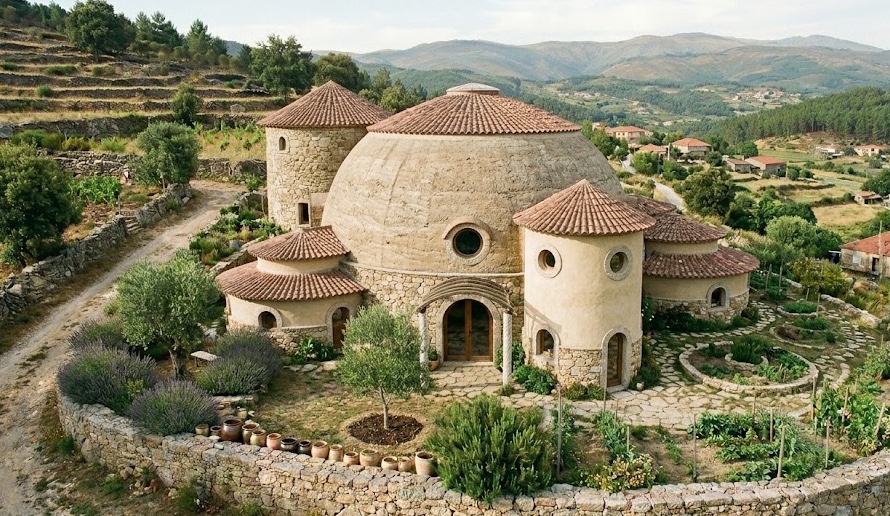 Clay dome home with stone turrets, conical terracotta roofs and a terraced lavender garden in Portugal