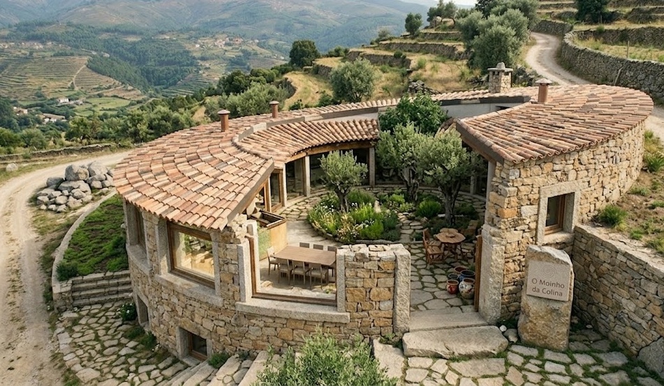 Curved stone dome home with terracotta tile roof and central olive courtyard, set in the terraced Douro Valley hills of Portugal