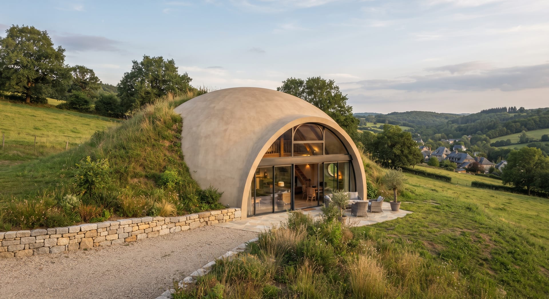 Maison dôme en béton moulé par gonflage, semi-enterrée dans une colline herbeuse, avec une terrasse dallée, un muret en pierre sèche, une façade vitrée en arc et un village dans la vallée (illustration générée par IA)
