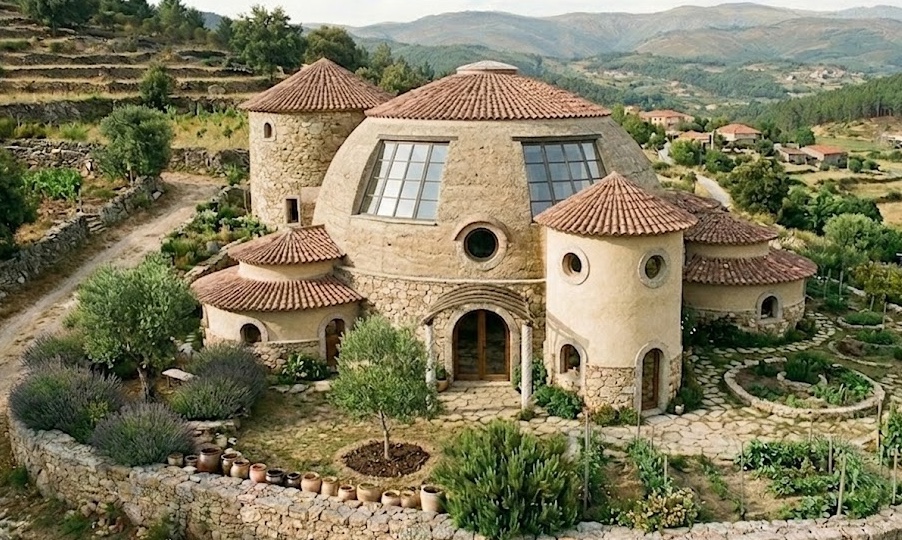 Earthen dome home with large arched feature window, stone turrets and round windows above a lavender garden in Portugal