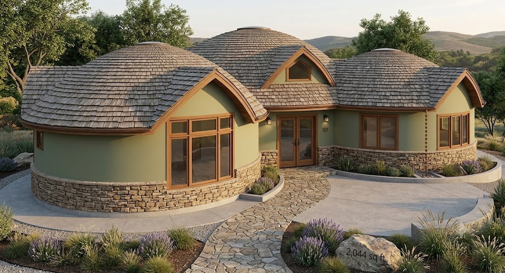 Dreifachkuppelhaus mit Steinsockel, EcoDomeHomes-Design