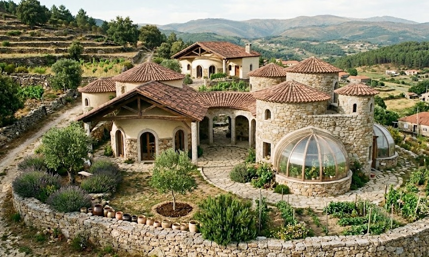 Multi-dome stone compound with turreted terracotta roofs and a glass domed greenhouse, set in the terraced Douro Valley of Portugal