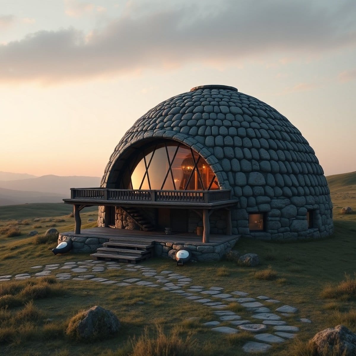 Cabane Dôme Habillée de Pierre, conception EcoDomeHomes