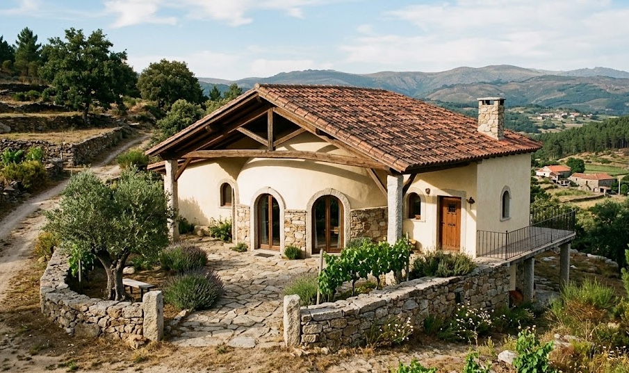 Stone dome guest cottage with arched French doors and terracotta gable roof overlooking the mountains of Portugal