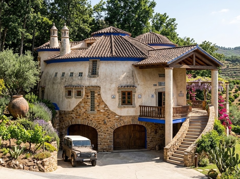 Two-story clay dome home with blue-trimmed terracotta roof, sculpted twin chimneys and arched garage, in northern Portugal